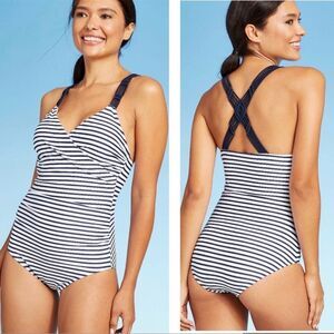 NWOT Kona Sol Stripe Shirred One Piece Swimsuit Bathing Suit Cross Back M